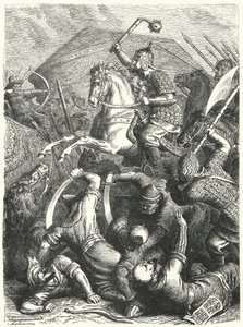 クチュム・ハーンのタタール人と戦ったコサック軍司令官イェルマク・ティモフェエヴィチ（彫刻 作： Heinrich Leutemann