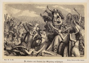 ローマ軍から荷物列車を守るチンブリ人とテウトネス人の女性たち（エングレーヴィング） 作： Heinrich Leutemann