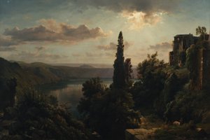 ローマ近郊のアルバン丘陵にあるネミ湖の眺め 作： Heinrich Louis Theodor Gurlitt