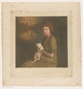 膝の上に猫を乗せた女の子 作： Heinrich M. Krabbé (signed by artist)
