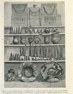 考古学者ハインリッヒ・シュリーマン (1822-1890) によって発見された、いわゆるプリアモスの宝、版画 作： Heinrich Schliemann