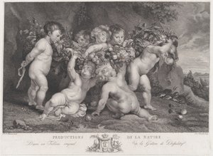 果物の花輪を運ぶ 7 つの putti、約。 1780～87年。 作： Heinrich Schmitz