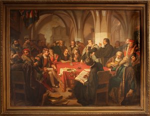 1869年、マールブルク城でのアウグスト・ノアックの宗教対話（フレーム付き 作： ハインリヒ・シュテュルツル