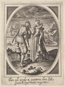 男性が杯を口に持っている女性、水車小屋、山に向かって歩きます。 1585-1621。 作： Heinrich Ulrich