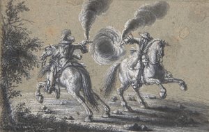 互いに撃ち合う 2 人の騎手、1600 年～1677 年。 作： Heinrich Werdmuller