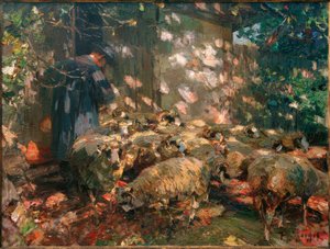馬小屋の前で羊を抱く羊飼い 作： Heinrich von Zügel
