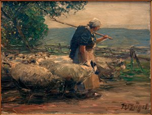 群れを連れた羊飼いの女性 作： Heinrich von Zügel