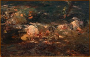 水辺の森の豚の群れ 作： Heinrich von Zügel