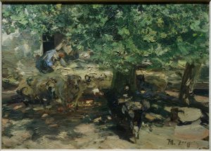 馬小屋の前で（馬小屋に押し入る羊の群れ 作： Heinrich von Zügel