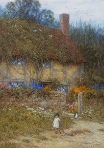 サリー州ゴダルマイニング近くのコテージ（ひっかき傷のある水彩画） 作： Helen Allingham