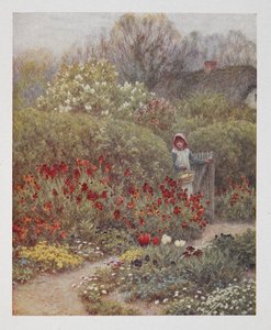 庭に門を開ける女性、「ハッピーイングランド」のイラスト、Robert Huish作（カラーリソ） 作： Helen Allingham