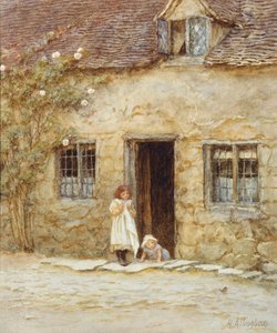 At the Cottage Door（水彩画にスクラッチを入れたもの