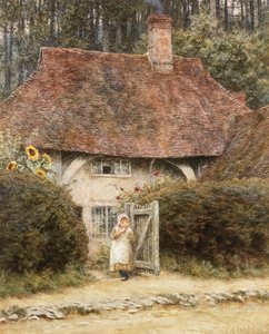 コテージゲートにて（紙に傷のある水彩画） 作： Helen Allingham