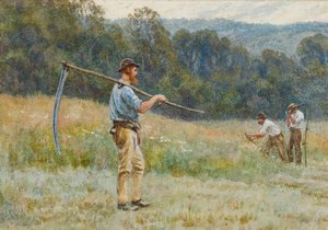 サリーヒルズで干し草を刈る（紙にトイレ） 作： Helen Allingham