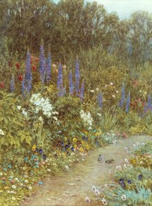 彼女のコテージの周りの庭 (水彩) 作： Helen Allingham