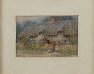 灰色の藁葺きコテージ」（水彩・紙 作： Helen Allingham