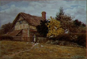 ラバーナム・コテージ：アヒルに餌をやる女性（水彩画 作： Helen Allingham