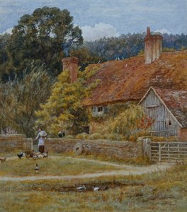 Netley Farm、Shere、Surrey（スクラッチアウトのある水彩画） 作： Helen Allingham