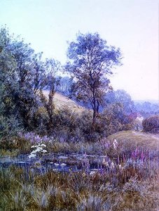 池のほとりで花を摘む 作： Helen Allingham