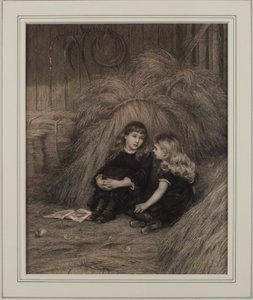納屋の中の二人の少女（紙にインク 作： Helen Allingham
