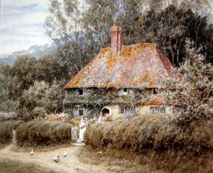 サリー州ブラックダウンの下にあるヴァレウッド・ファーム（水彩・紙） 作： Helen Allingham