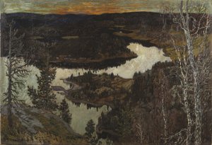 秋、ノルディングラ (メソナイトにマウントされたキャンバスに紙に油彩) 作： Helmer Osslund