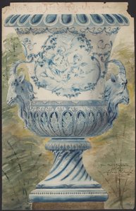 2つのヤギの頭がついた大きな青い壺 作： Helmer Osslund
