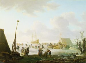 氷に閉じ込められた船とそりとスケーターがいる広大な風景（パネルに油彩） 作： Hendrick (manner of) Avercamp