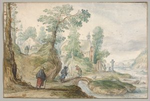 教会と人物が描かれた、森に囲まれた川の風景 作： Hendrick Avercamp