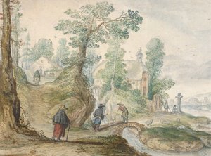教会と人影のある樹木が茂った川の風景 1613年。 作： Hendrick Avercamp