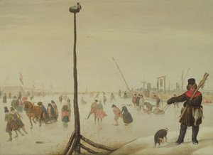 冬の風景の中のアヒルのハンターと彼の犬（パネル）