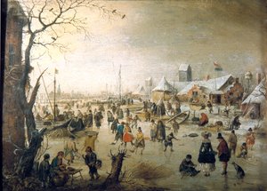 オランダ：アイススケーターのいる冬景色 氷の上の風景