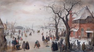 オランダ：村の近くにスケーターがいる冬景色 村の近くにスケーターがいる冬景色