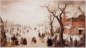 オランダ：村の近くにスケーターがいる冬景色 村の近くにスケーターがいる冬景色