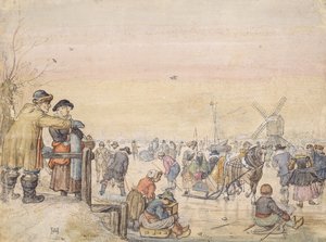 氷を楽しむ、1630（紙にペンとトイレ） 作： Hendrick Avercamp