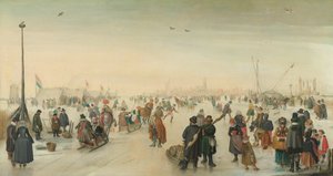 町の近くで氷を楽しむ 都市の近くの冬の風景 作： Hendrick Avercamp