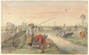 溝のほとりにうなぎ漁師が二人いる風景 作： Hendrick Avercamp