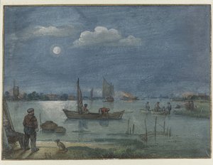 漁師と月明かりに照らされた川の風景 作： Hendrick Avercamp