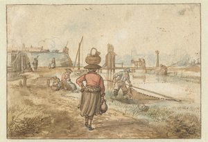 かごを頭に乗せた女性がいる川の風景、町の壁の近くの漁師やその他の人物 作： Hendrick Avercamp