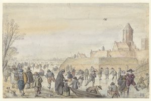 カンペンのカルフェルヘッケンポールト近くの凍った運河の冬景色 / 裏面: 氷上の人物のスケッチ 作： Hendrick Avercamp