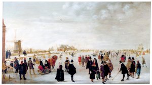 「カンペン近くのアイセル川の冬の風景」、c1615。 作： Hendrick Avercamp