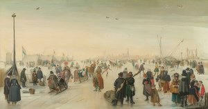 冬の街の前でお楽しみください。 1620年頃 作： Hendrick Avercamp