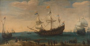 海岸沖の東インド洋船（1600-30年頃、キャンバスに油彩） 作： Hendrick Cornelisz Vroom