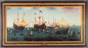 1599年7月19日、1599年、東インド諸島への第二次遠征のアムステルダムへの帰還 作： Hendrick Cornelisz. Vroom