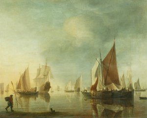 穏やかな海の沖合に停泊する船、夕方の光 1650-60年頃（油彩・パネル）