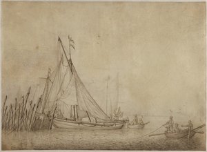 都市を背景にした漁業堰の船 作： Hendrick Dubbels