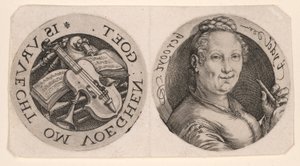 フルートと楽器を持つ女性の胸像、1枚 作： Hendrick Goltzius