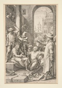 12 の彫刻シリーズの 7 番、The Passion より、いばらの冠をかぶったキリスト 作： Hendrick Goltzius