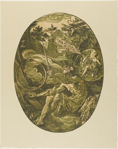 永遠の洞窟のデモゴルゴン、「デモゴルゴンと神々」のプレート 1 作： Hendrick Goltzius