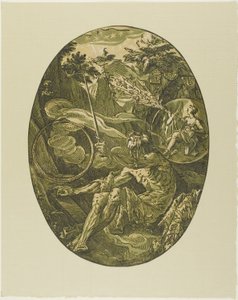 永遠の洞窟のデモゴルゴン、「デモゴルゴンと神々」のプレート 1 作： Hendrick Goltzius